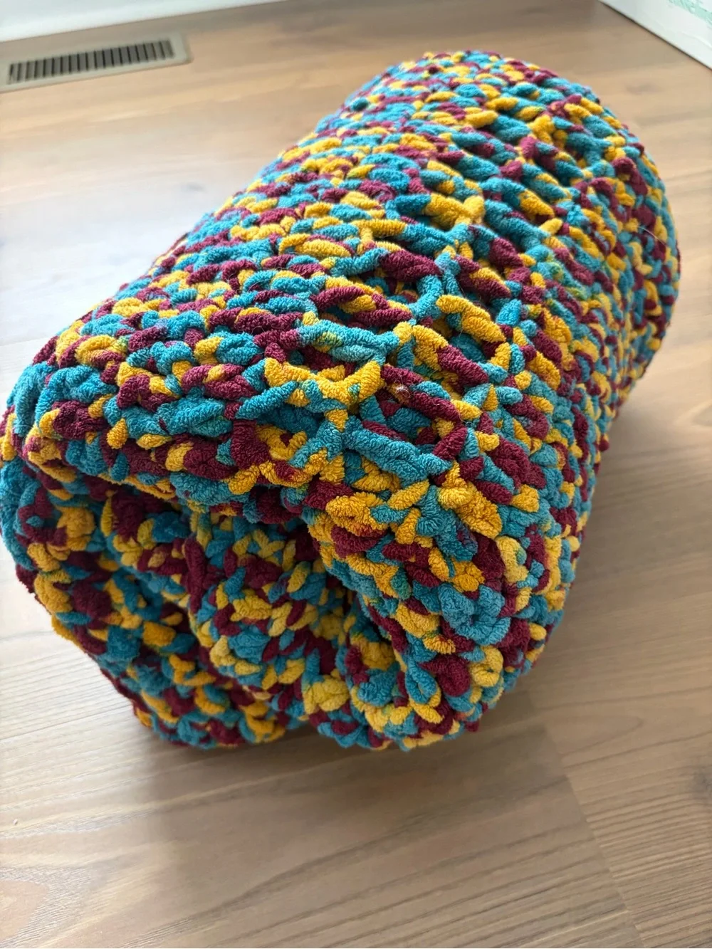 Handmade Chunky Knit Throw Blanket Crochet Plush Chenille Teal Burgundy Gold